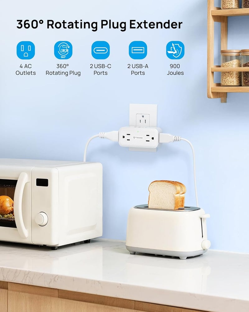 TROND Outlet Extender with 360 Rotating Plug, Plug Adapter with 4 Electrical Sockets and 4 USB Ports, 900 Joules Surge Protection, 3 Way Outlet Splitter for Home Office Travel, White - Image 3